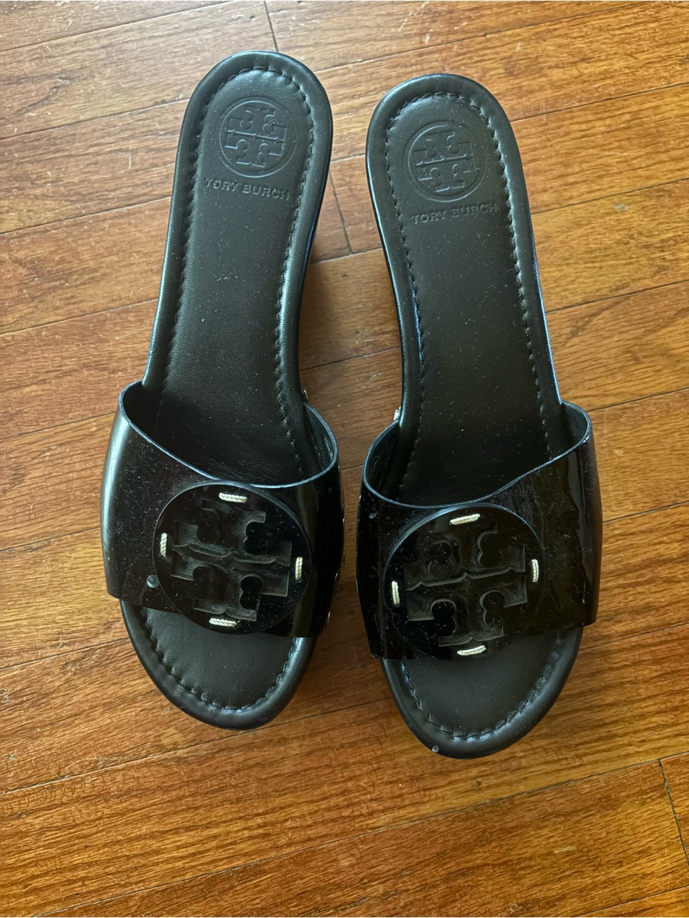 Tory Burch Black Patent Logo Slide Mules
